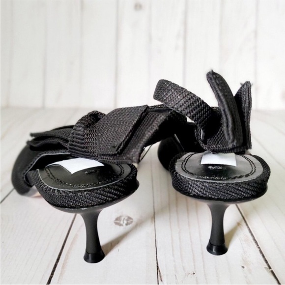 Zara black slingback kitten heel pumps pointed toe textured material bow detail - Picture 3 of 6